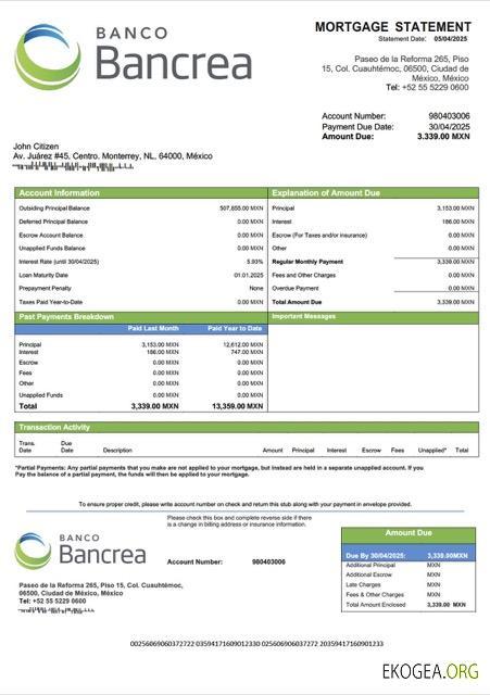 Modèle Word et PDF de relevé hypothécaire Mexique Bancrea